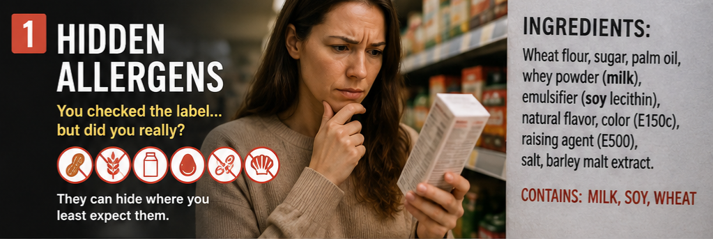 Hidden allergens infographic: an ingredient label showing milk, soy and wheat hidden inside terms like whey powder, lecithin and malt extract