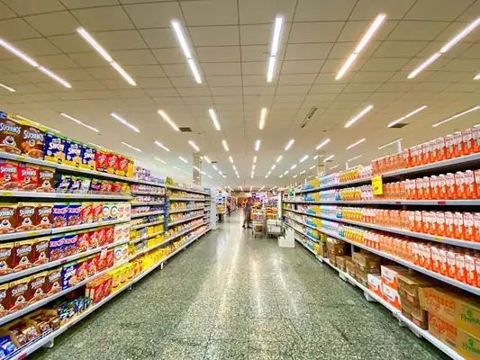 Packaged food products on supermarket shelf